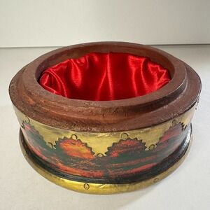 Vintage Wooden Round Jewelry Box Original Old Hand‎ Carved Brass Embellishment